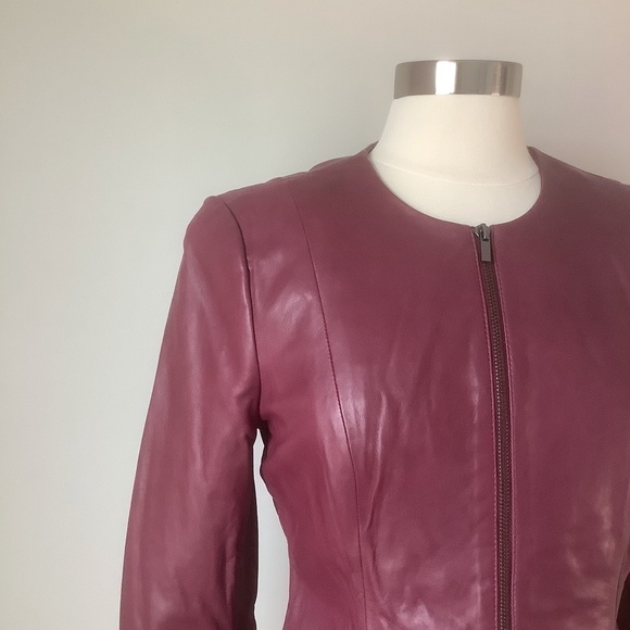 NEW Badgley Mischka Genuine Leather Peplum‎ Jacket Burgundy 67047 Size M - Picture 2 of 15
